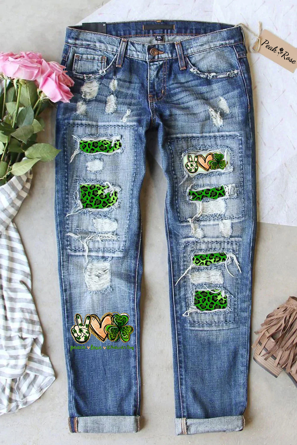 Peace Love St.Patrick's Day Ripped Jeans