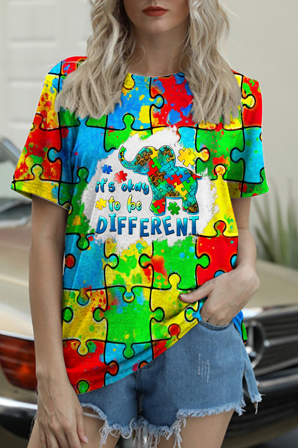 It's Okay To Be Different Elephant Autism Awareness Print Round Neck T-shirt