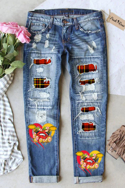 Classic Retro Red & Yellow Plaid With Championship Team Trophy Printed Ripped Denim Jeans