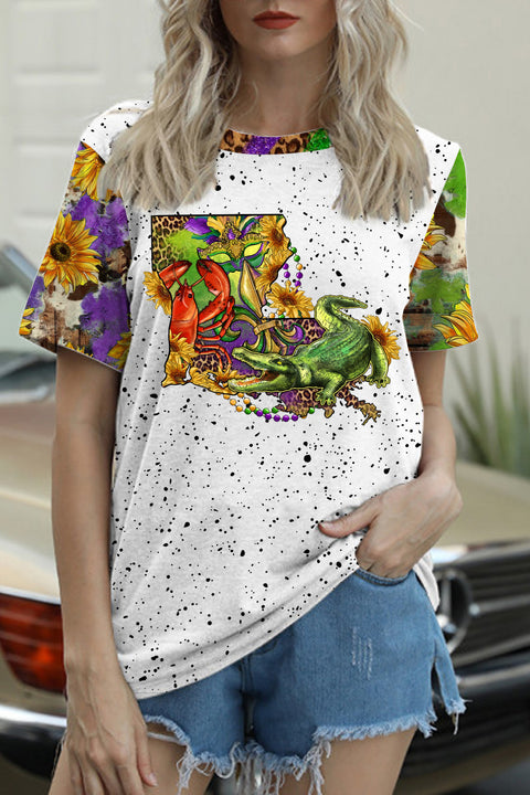 Louisiana Map With Mardi Gras Crocodile Crawfish Western Sunflower Leopard Print T-Shirt