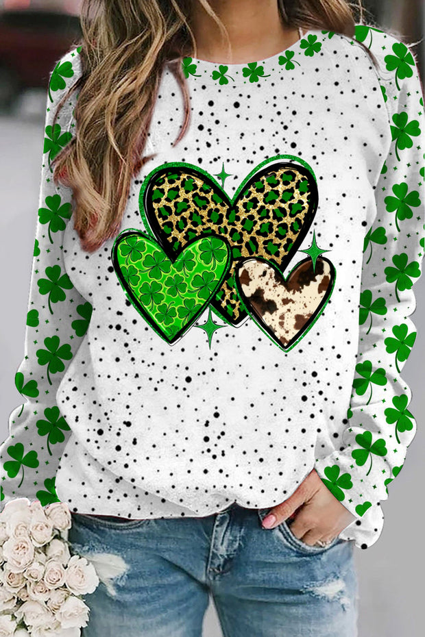 St. Patrick's Four Leaf Shamrock Leopard Cowhide Hearts Print Sweatshirt