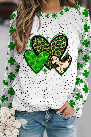 St. Patrick's Four Leaf Shamrock Leopard Cowhide Hearts Print Sweatshirt
