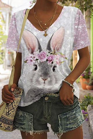 Glitter Cute Easter Bunny With Pink Wreath Printed V Neck Short Sleeve T-shirt