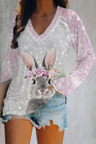 Glitter Cute Easter Bunny With Pink Wreath Printed V-neck Long Sleeve Tee