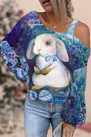 Vintage Fantasy Fairy Tale Cute Easter Bunny And Eggs Printed Off-Shoulder Blouse
