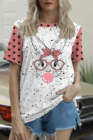 Pink Heart Polka Dots Cute Bunny Rabbit With Bandana Glasses Bubblegum O-neck Short Sleeve T-shirt
