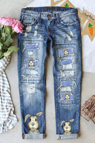 Cute Easter Bunny With Glasses In Easter Eggs Forest Printed Denim Jeans
