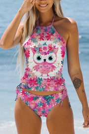 Cute Pink Floral Owl Bikini Swimsuit