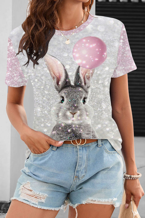 Glitter Cute Easter Bunny Holding A Pink Balloon Printed Round Neck T-shirt