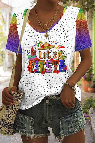 Let's Fiesta Mexican Festival Cinco De Mayo Printed Printed V Neck T-shirt