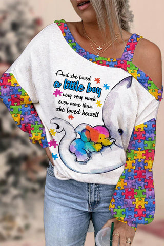 Autism Awareness Acceptance Love MAMA Elephant Printed Off-Shoulder Blouse