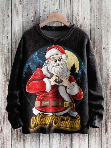 Merry Christmas Funny Santa Heart Art Pattern Print Casual Knit Pullover Sweater