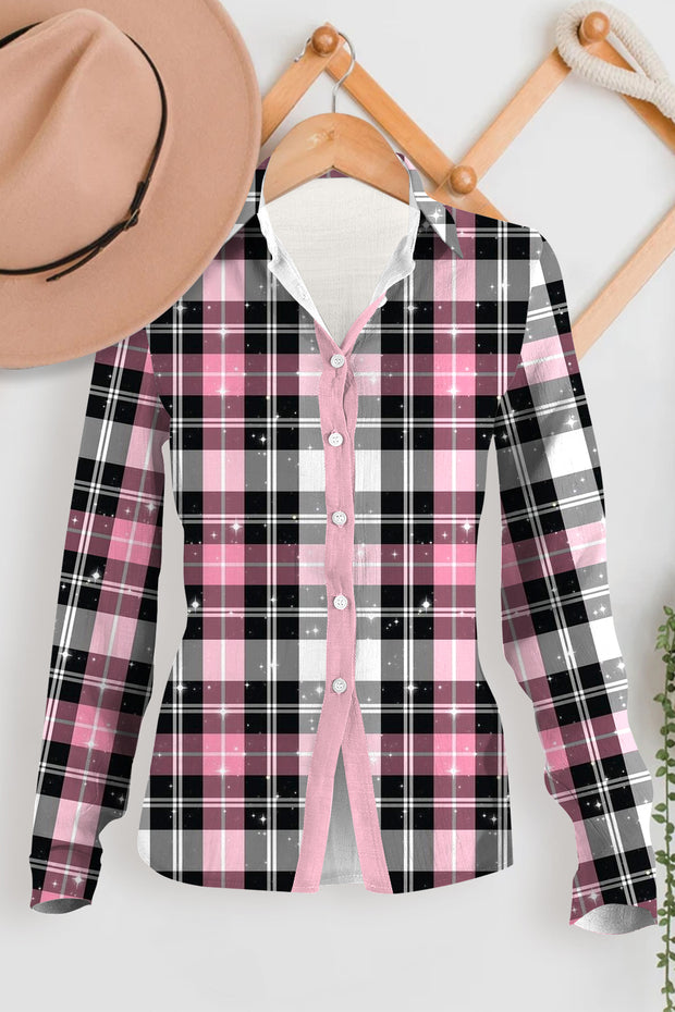 Glitter Plaid Print Long Sleeve Shirt