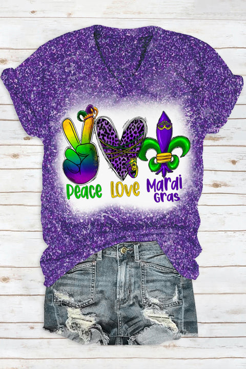 Peace Love Mardi Gras Leopard Glitter Print V Neck Short Sleeve T-shirt