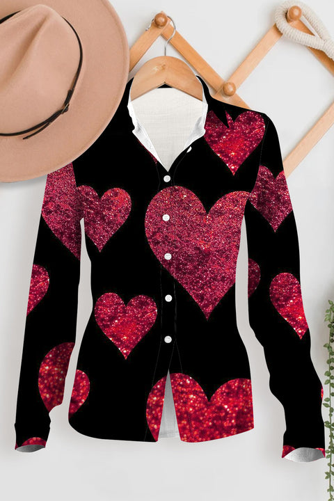 Glitter Red Heart Sparkles Print Long Sleeve Shirt