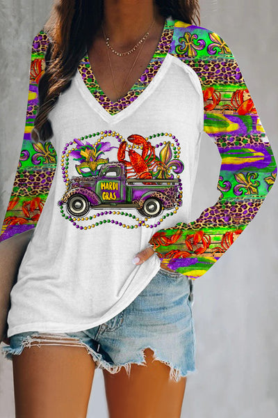 Mardi Gras Truck With Mask Fleur De Lis And Crawfish Western Leopard Print V-Neck Long Sleeve Tee