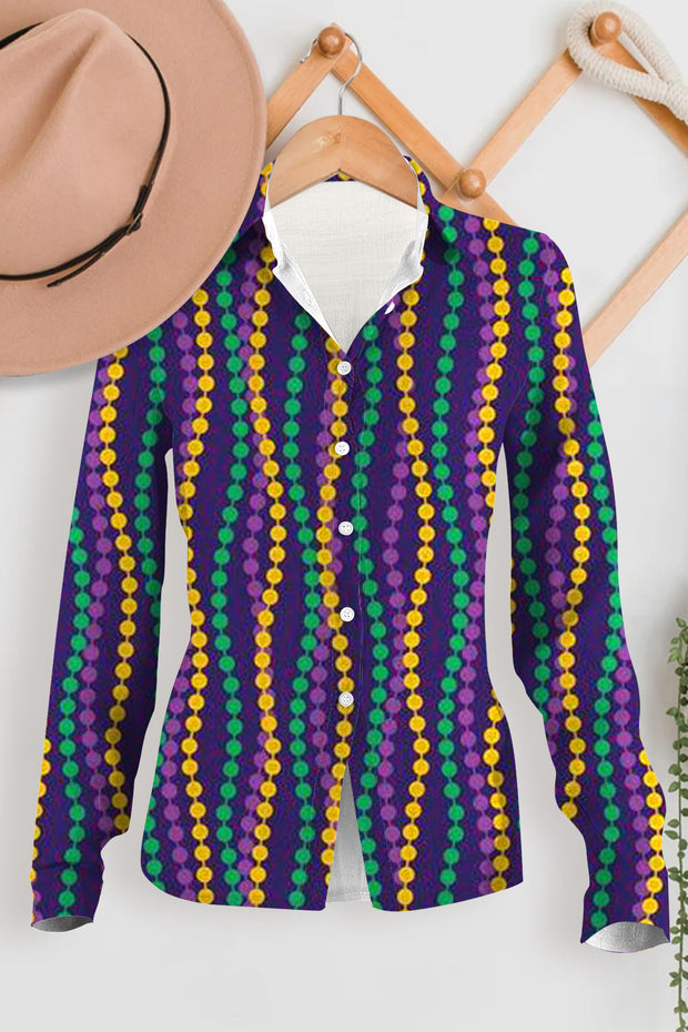 Casual Mardi Gras Tricolor Beads Long Sleeve Shirt