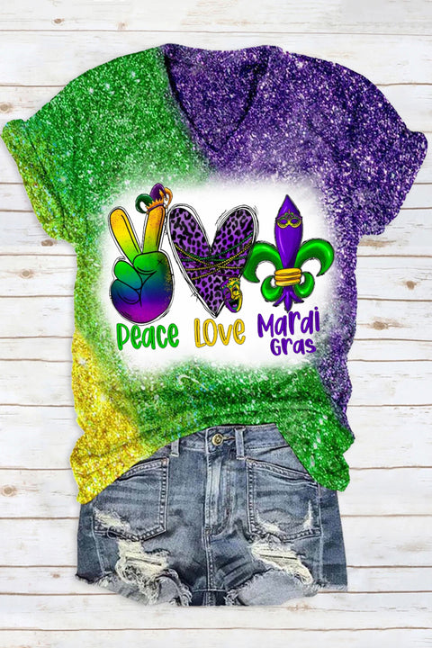 Peace Love Mardi Gras Leopard Glitter Print V Neck Short Sleeve T-shirt