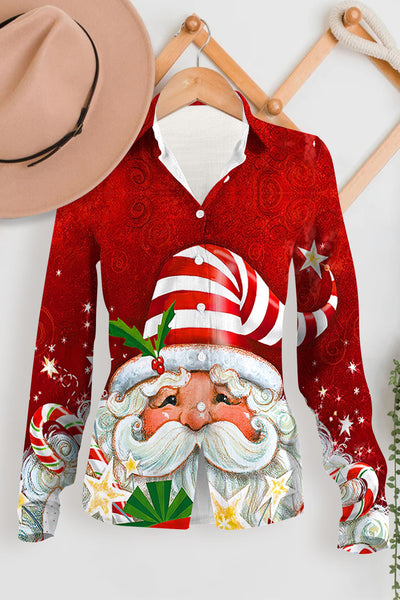 Vintage Oil Painting Santa Claus Pattern Long Sleeve Shirt