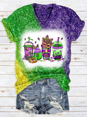 Glitter Mardi Gras Coffee Cups Mask King Cake Fleur De Lis Leopard Polka Print T-Shirt