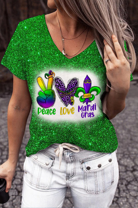 Peace Love Mardi Gras Leopard Glitter Print V Neck Short Sleeve T-shirt