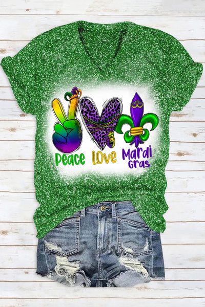 Peace Love Mardi Gras Leopard Glitter Print V Neck Short Sleeve T-shirt