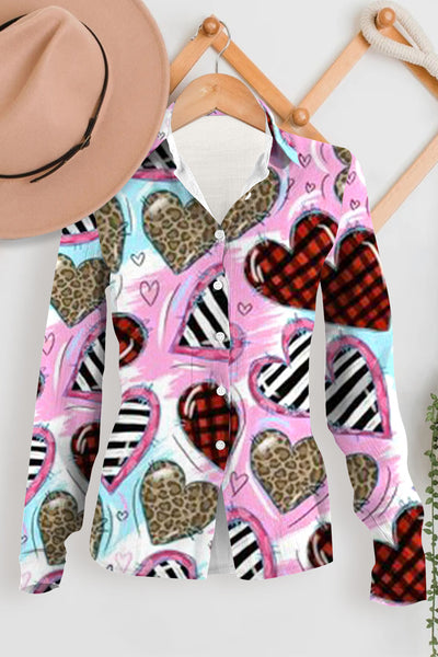 Leopard Stripe Plaid Print Heart Long Sleeve Shirt