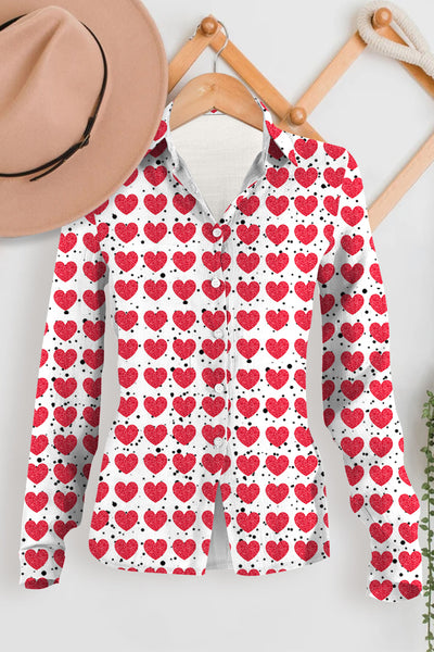 Red Heart Print Open Button Long Sleeve Shirt