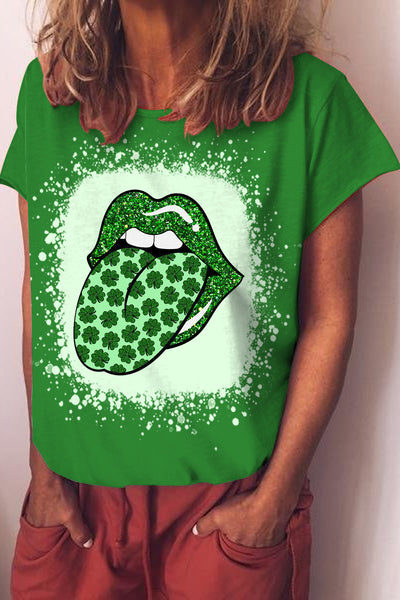 Green Glitter Shamrock Lips Short-sleeved T-shirt