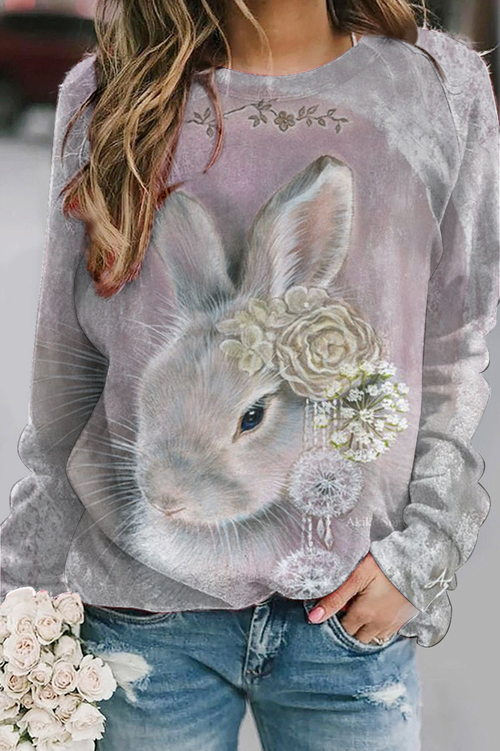 3D Vintage Pink Easter Bunny With Wreath Earring Printed Sweatshirt