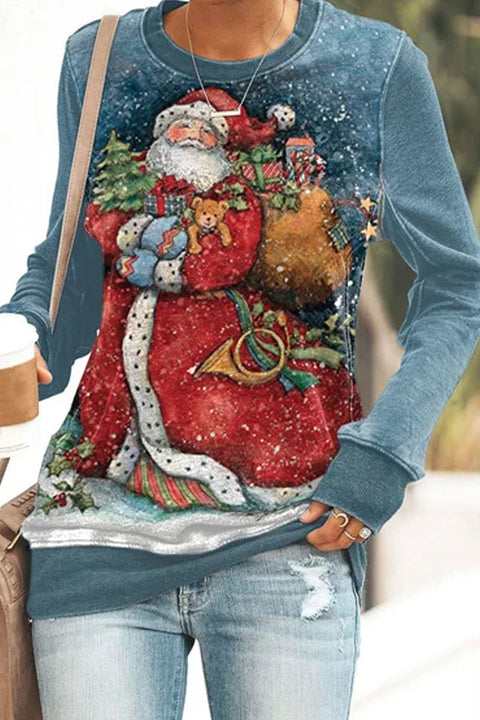 Women's Casual Wide Blue Pink Santa Claus Print Sweatshirt