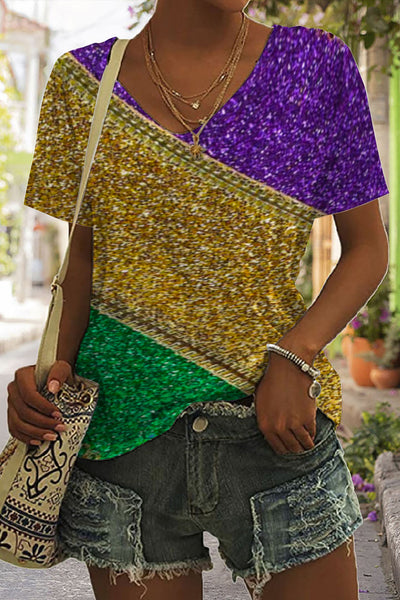 Retro Mardi Gras Carnival Purple Green And Gold Color Block Glitz Print V Neck Short Sleeve T-shirt