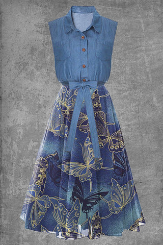 Women'S Denim Butterfly Pattern Waist-Skimming Dress