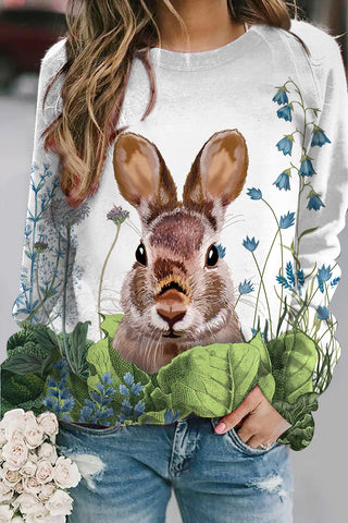 Cute Easter Bunny In The Green Plants Printed Sweatshirt