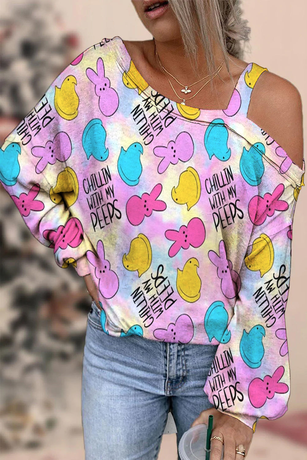Chilling With My Peeps Easter Bunnies Marshmallows Printed Off-Shoulder Blouse