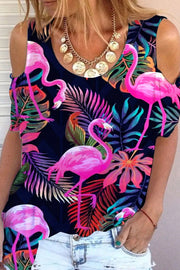 Flamingo Print Cold Shoulder T-shirt