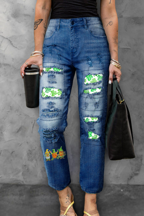 Cute Green Clover Elf Gnome Dwarf Ripped Denim Jeans