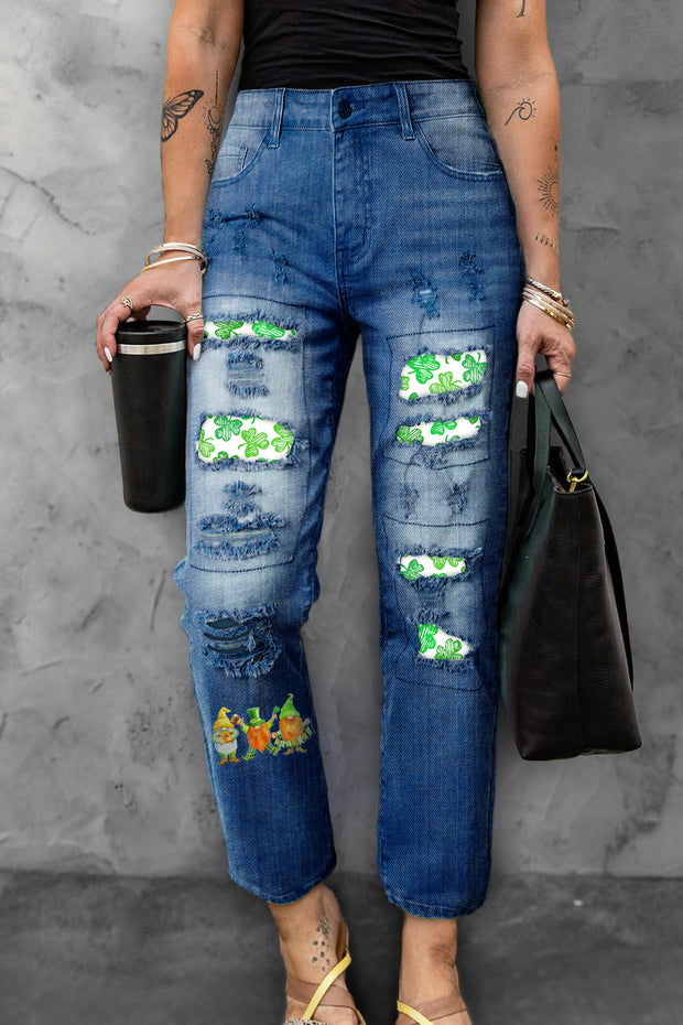 Cute Green Clover Elf Gnome Dwarf Ripped Denim Jeans