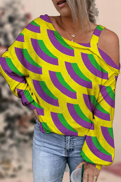 Abstract Mardi Gras Carnival Purple Green And Gold Color Block Print Off-Shoulder Blouse