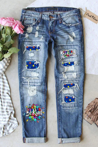 Be Kind Autism Awareness Print Ripped Denim Jeans