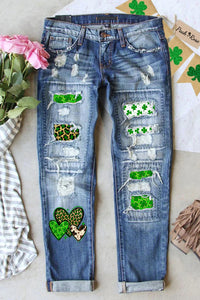 St. Patrick's Four Leaf Shamrock Leopard Cowhide Hearts Print Ripped Denim Jeans