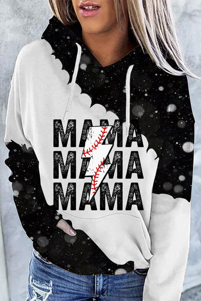 Baseball Mama Lightning Bolt Bleached Casual Long Sleeve Hoodie