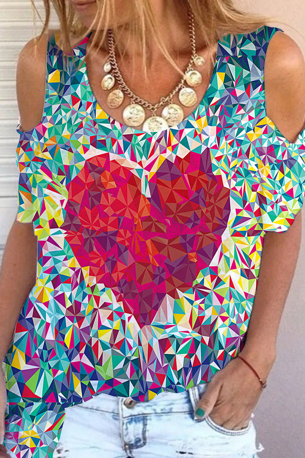 Heart Print Retro Cold Shoulder T-Shirt