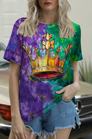Tricolor Mardi Gras Carnival Fleur De Lis Imperial Crown Round Neck Short Sleeve T-shirt
