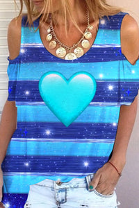 Glitter Heart Sparkles Blue Striped Print Cold Shoulder T-Shirt