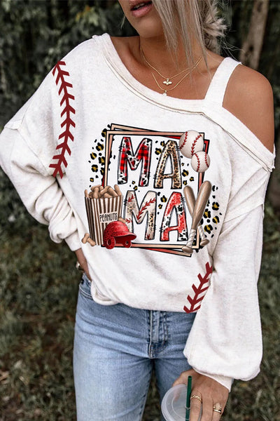Baseball Mom With Peanuts Leopard  Printed Off-Shoulder Blouse