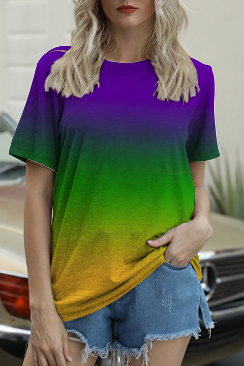 Vintage Mardi Gras Carnival Purple Green And Gold Splash Color Block Print Round Neck Short Sleeve T-shirt