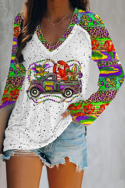 Mardi Gras Truck With Mask Fleur De Lis And Crawfish Western Leopard Print V-Neck Long Sleeve Tee
