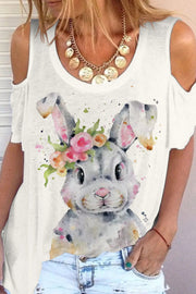 Bunny Rabbit Wearing Spring Flower Wreath  Multicolor Ink Dots Printed Casual Cold Shoulder T-Shirt