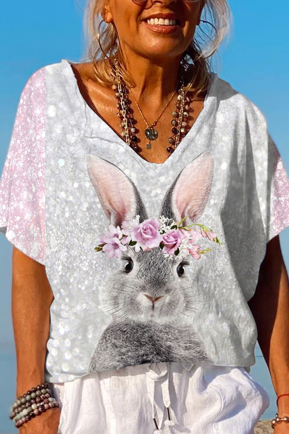 Glitter Cute Easter Bunny With Pink Wreath Printed Casual Dolman Sleeves Tee